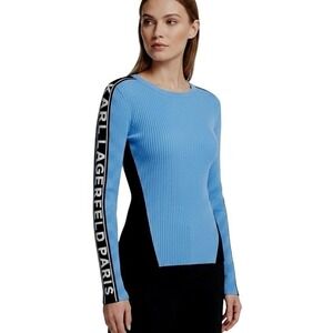 Karl Lagerfeld Paris Sweater Womens Small Blue Logo Ribbed Pullover Crewneck Top